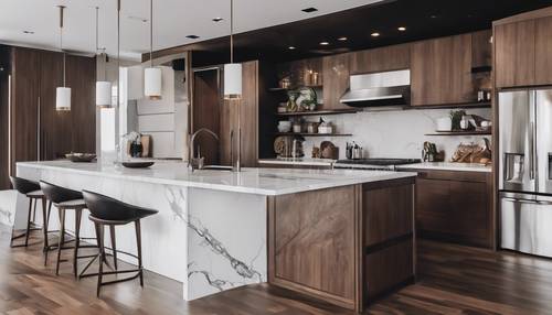 Una cucina elegante e moderna con mobili in legno scuro e ripiani in marmo bianco.
