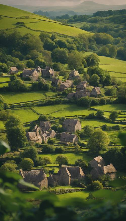 Un paysage celtique luxuriant mettant en valeur un petit village pittoresque niché dans une vallée fertile et animée.