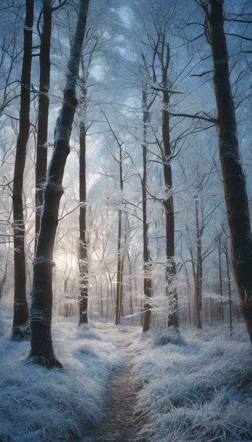 Uma representação abstrata de uma floresta calma e serena no inverno ao anoitecer, brilhantemente retratada em tons de azul crepuscular e branco gelado.