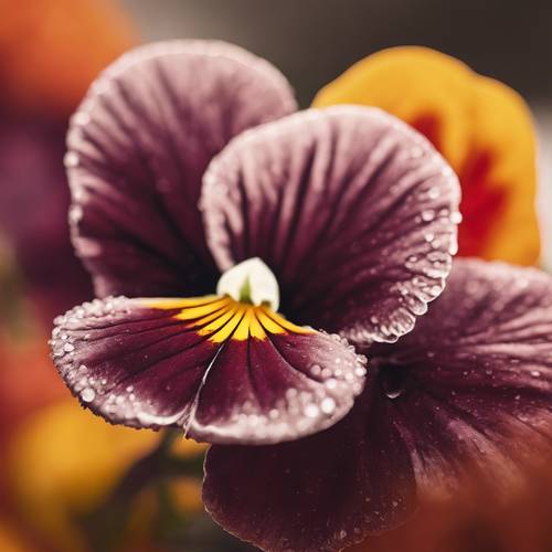A single pansy petal tinted with rich shades of red, orange and yellow, signifying the onset of autumn.