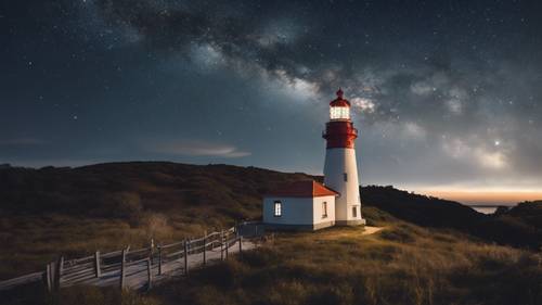 A quaint lighthouse standing tall under the blanket of the starry night sky. Tapeta [cefa3ff53c794857ab70]