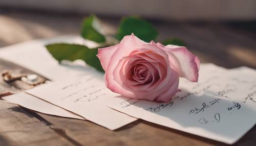 나무 테이블 위에 손으로 쓴 연애편지 옆에 핑크색 장미 한 송이가 놓여 있습니다.