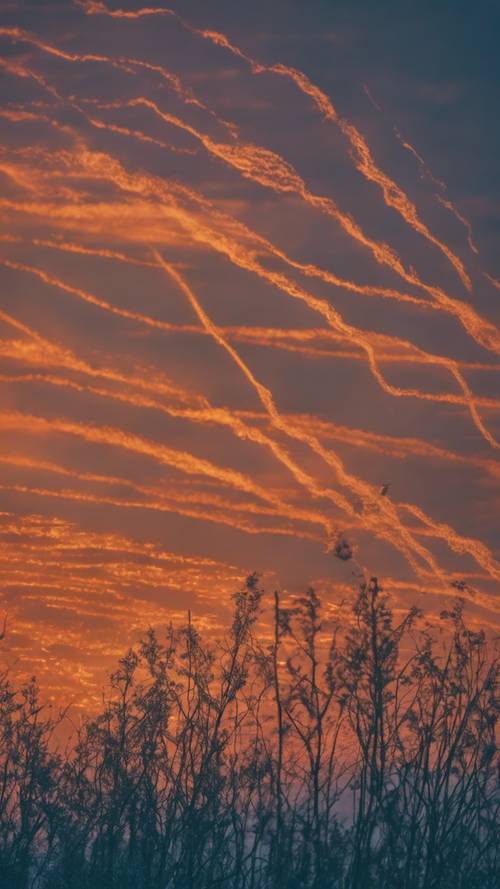 Ein geheimnisvoller blauer Abendhimmel mit orangefarbenen Streifen des Sonnenuntergangs, die darüber verstreut sind.