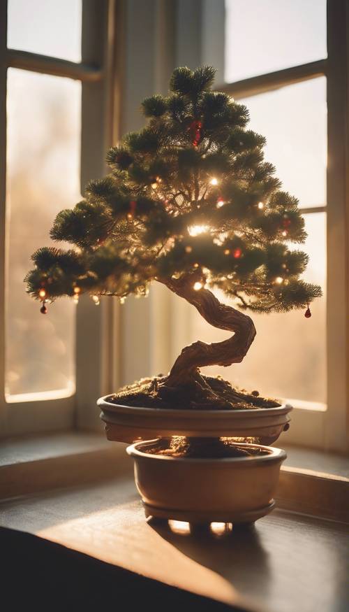 Niebiańska choinka bonsai z drobnymi ozdobami na szerokim parapecie, na tle wschodzącego słońca.