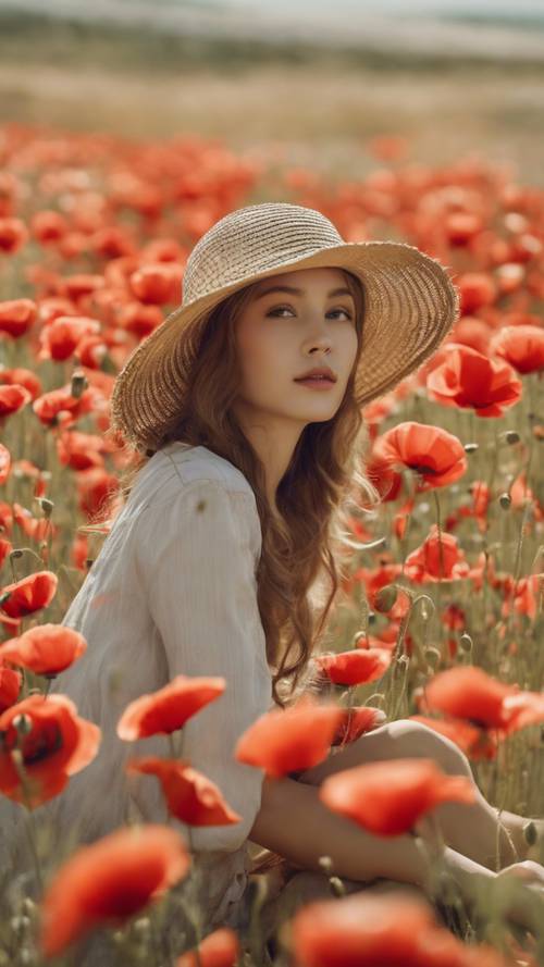A young girl in a straw hat lying in an open field, surrounded by a sea of blooming poppies under the spring sun.
