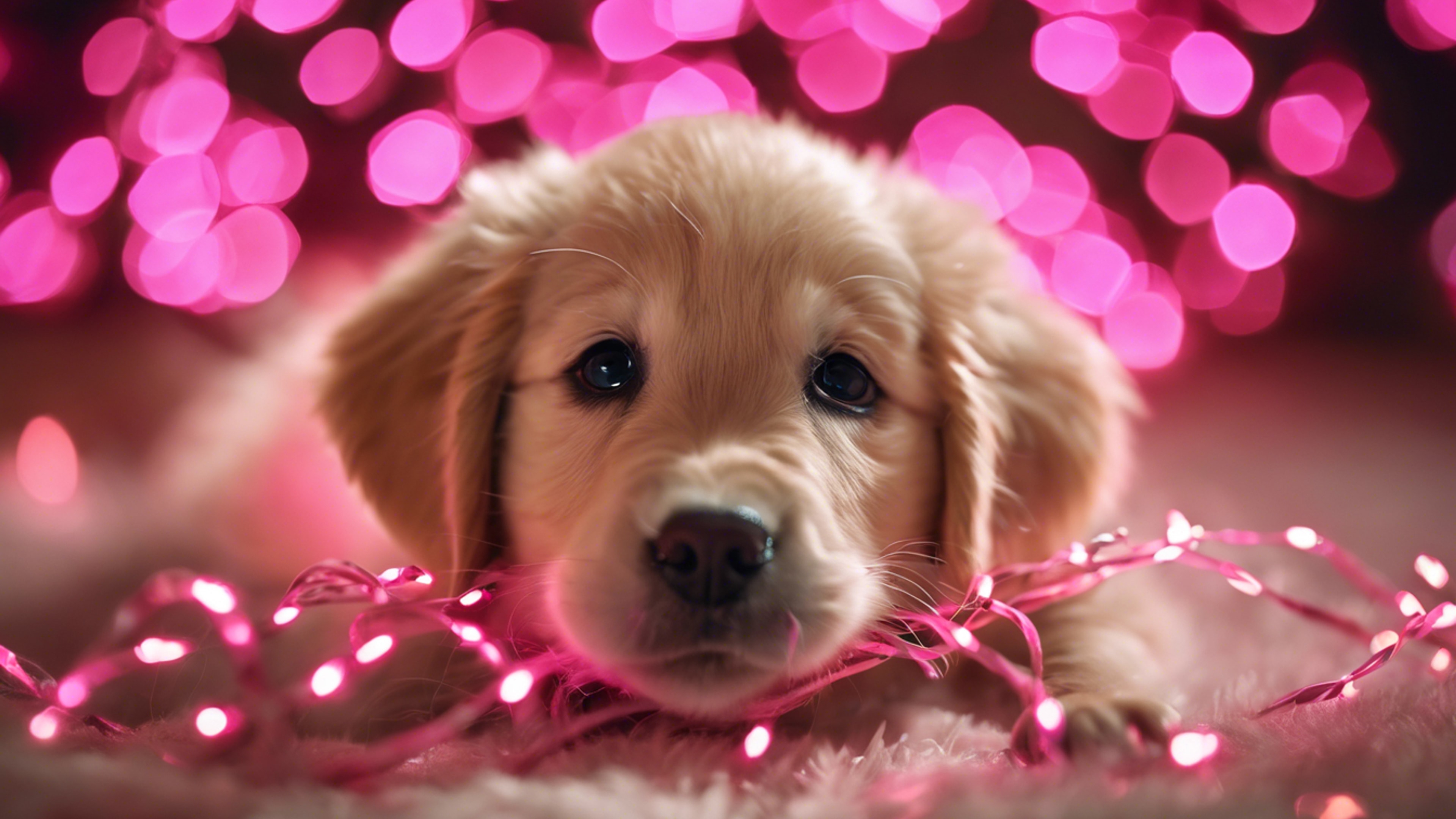 A golden retriever puppy adorably tangled in pink Christmas lights. Tapeta[26994d3815c0460ab11e]
