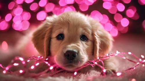 A golden retriever puppy adorably tangled in pink Christmas lights.