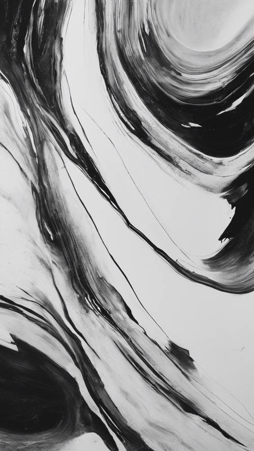 Yoğun çizgilerin ve geniş açık alanların kontrastını taşıyan siyah beyaz minimalist soyut bir tablo