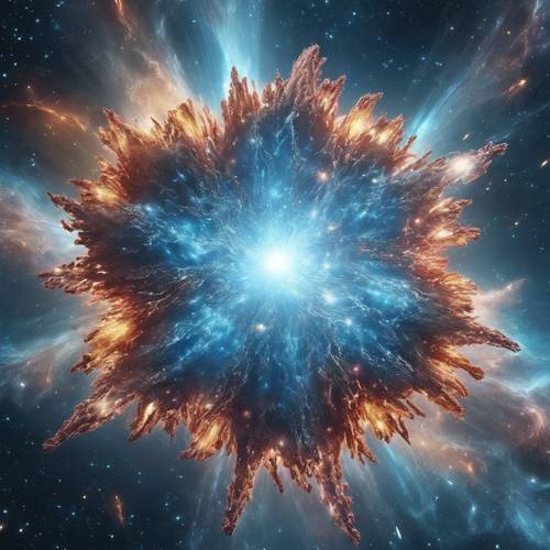 A supernova explosion creating a light blue star in a colorful galaxy.