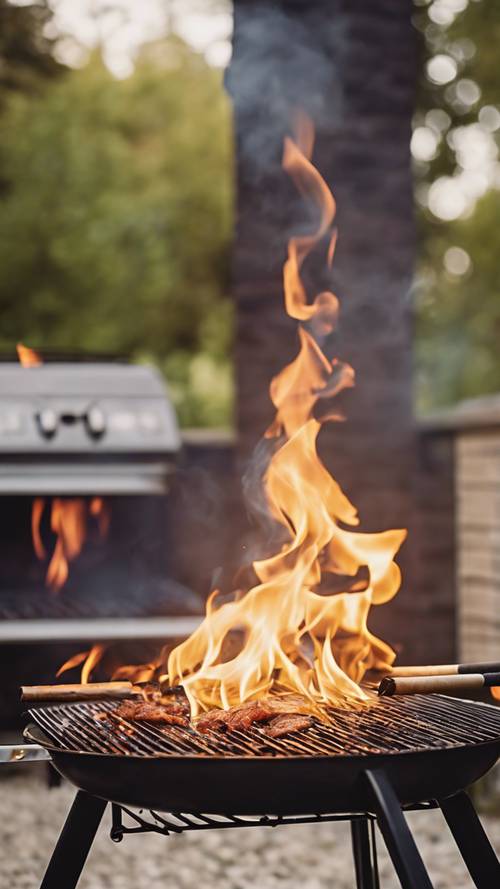 Flames rising from a barbecue grill in a suburban backyard.
