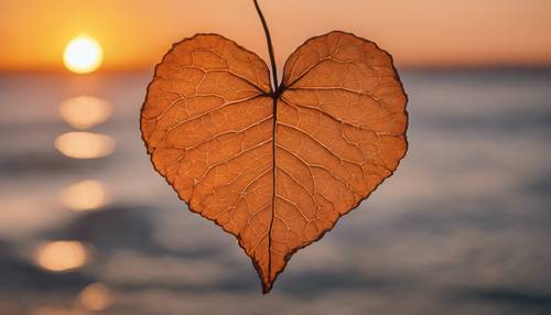 一片葉子中央有一個心形切口，映襯著橘色的夕陽。