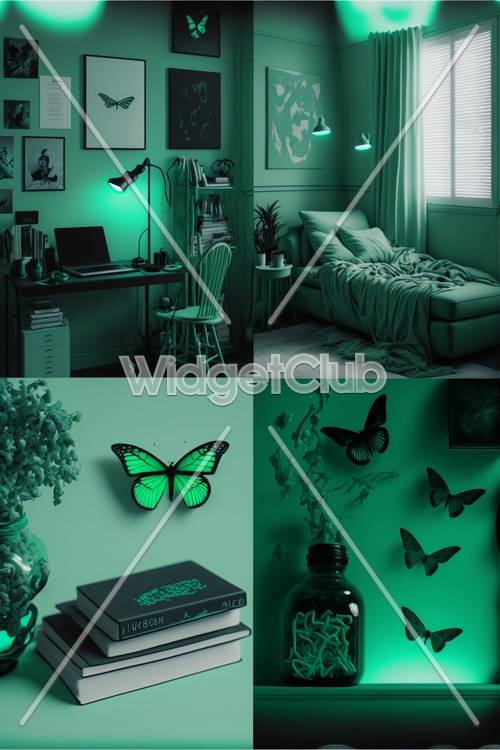 Зеленая неоновая комната и бабочки