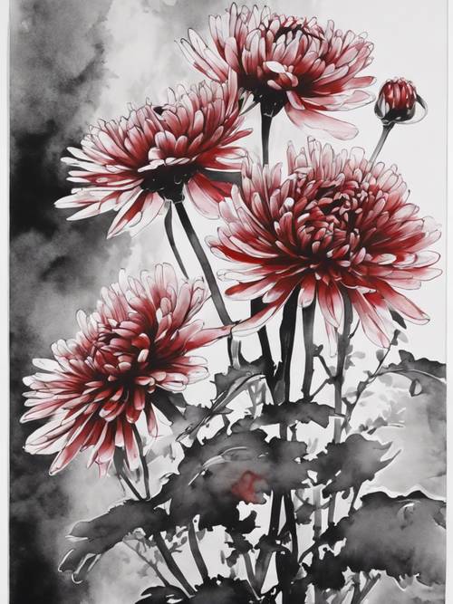 Crisantemi rossi in piena fioritura in un dipinto a inchiostro giapponese in bianco e nero a contrasto
