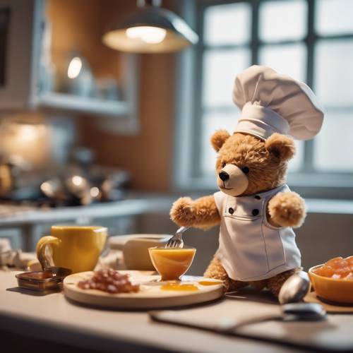 A teddy bear chef flipping pancakes in a miniature toy kitchen with a mouthwatering breakfast scene.