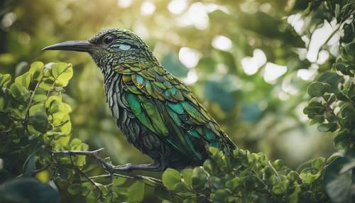 Zielony ptak ze szczegółowymi, misternymi wzorami na skrzydłach i ogonie, wyłaniający się z wnętrza krzaka.