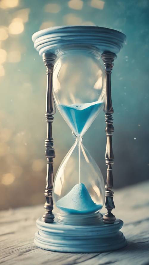 Zamanın hızla geçişini ölçen pastel mavi bir kum saati.