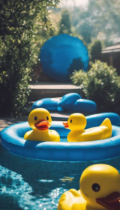 A yellow rubber duck floating in a vibrant blue inflatable swimming pool in a backyard during a family barbeque party.