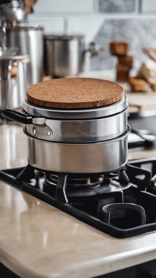 A stylish cork trivet in a modern kitchen, next to a hot pot on a stainless steel stove.