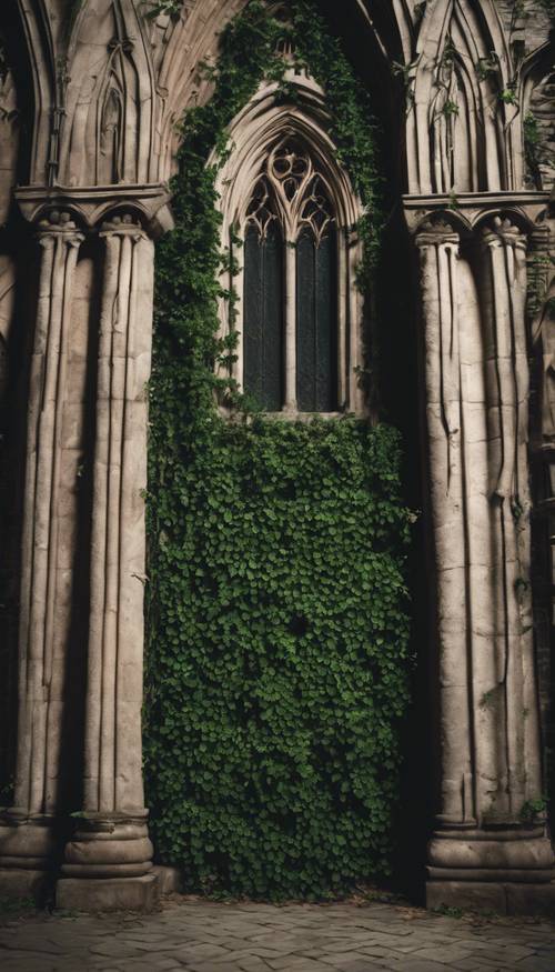 Uma catedral gótica coberta de hera verde sob o luar