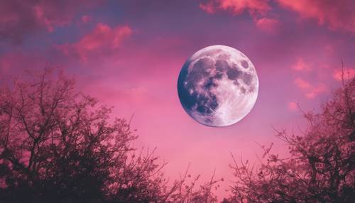 黄昏时分，粉色的月亮在水彩画般的天空上施展着它的魔力。
