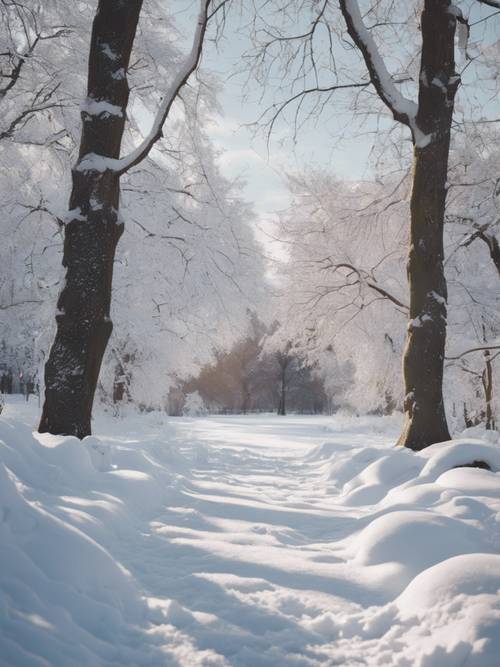 Um parque tranquilo no inverno, coberto por um exuberante manto de neve fresca.
