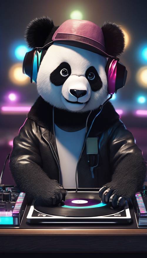 Um personagem de desenho animado panda legal e estiloso dominando a mesa do DJ em uma festa noturna.