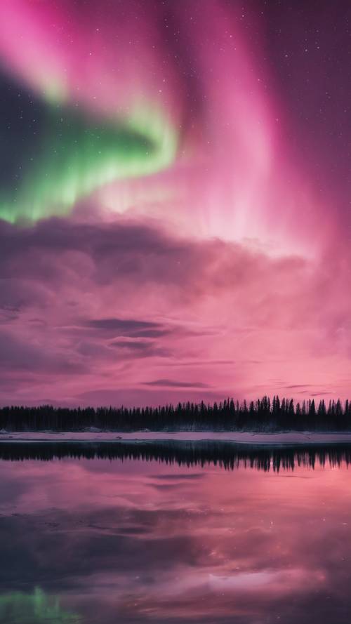 Um espetáculo da aurora boreal complementado por nuvens rosadas no céu.