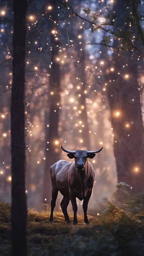 The constellation Taurus visible in the dawn-twilight from a mysterious enchanted forest scene.
