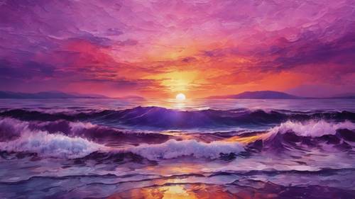 A beautiful abstract painting of a sunset over a purple ocean.