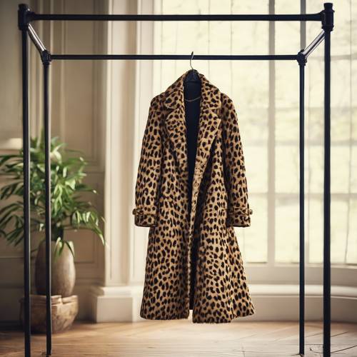 Опрятное пальто с принтом гепарда висит на антикварной вешалке.
