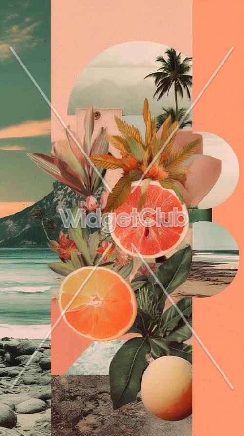 Tropical Beach and Citrus Fruits Collage Art Background