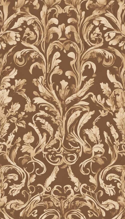 奢華的棕褐色錦緞圖案，飾有綠葉卷鬚。