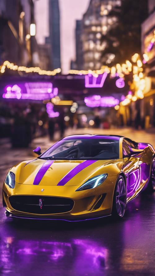 A sleek sportscar with a shiny purple body and yellow flames painted on the sides.