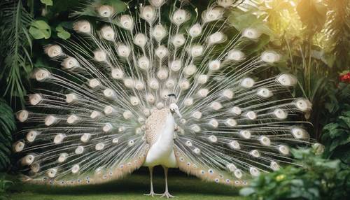 A beautiful white peacock spreading its tail in a lush garden.