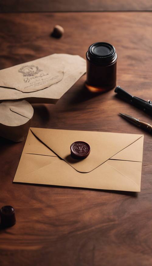 A brown paper envelope with a wax seal, placed on a mahogany desk. Tapet [9687cfee5eb0487b83f8]