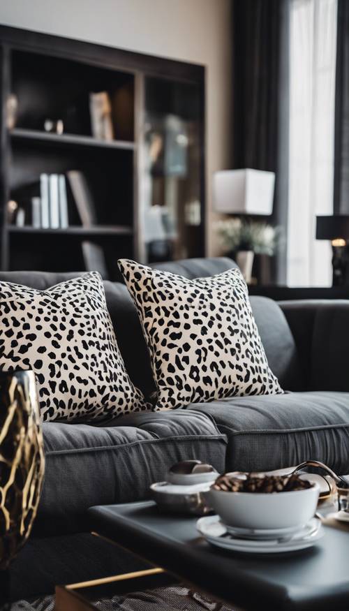 Décoration de chambre élégante avec des oreillers à imprimé léopard blanc disposés sur un canapé sombre et moderne.