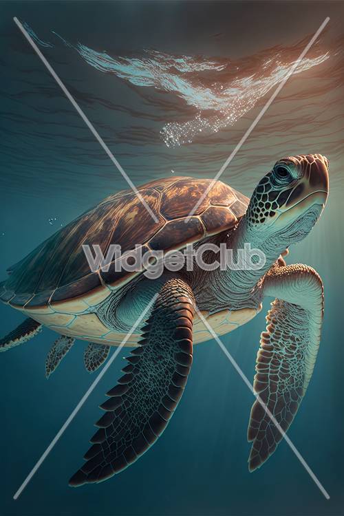 阳光照耀的海洋中游动的海龟