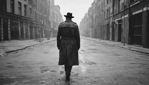 A film noir-esque black and white photograph of a mysterious man in a trench coat walking alone on a deserted street. Tapeta [7fc7213bc3af411bb6cb]