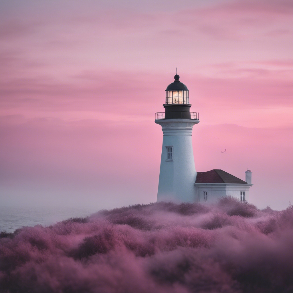 A white lighthouse standing tall amidst a sea of gently swirling pink fog at twilight.壁紙[2b33ff105884470e94d5]