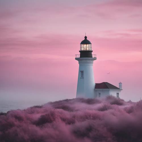 A white lighthouse standing tall amidst a sea of gently swirling pink fog at twilight.