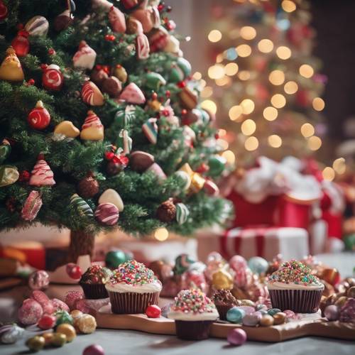 Một cây thông Noel lớn chất đầy kẹo, bánh nướng nhỏ và các đồ ngọt khác để trang trí. Hình nền [e98deb0e26a24f46b1ef]