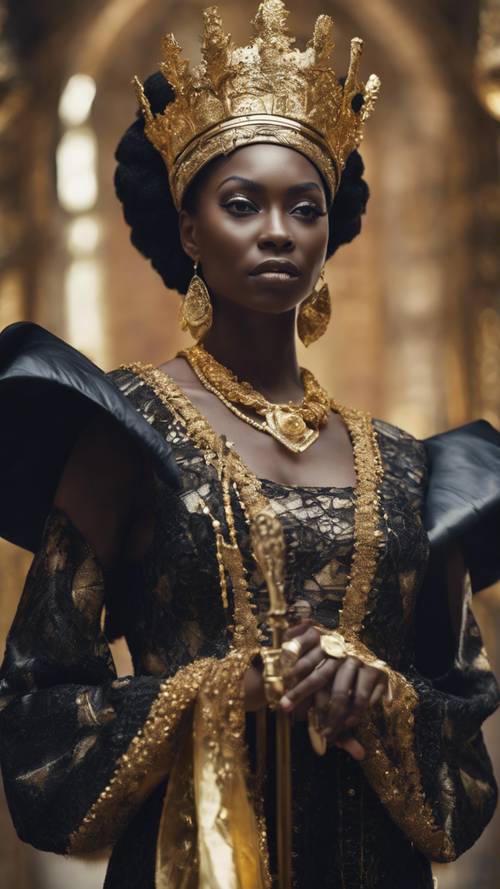 Seorang ratu berkulit hitam dengan pakaian kerajaan, memegang tongkat emas, dengan ekspresi berwibawa.