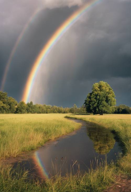 A panoramic view of a double rainbow after a gentle summer rain.