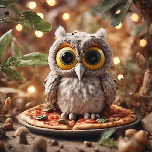Uma pizza fofa disfarçada criativamente como uma coruja de olhos arregalados com olhos verde-oliva e penas de cogumelo oferecendo uma alegria