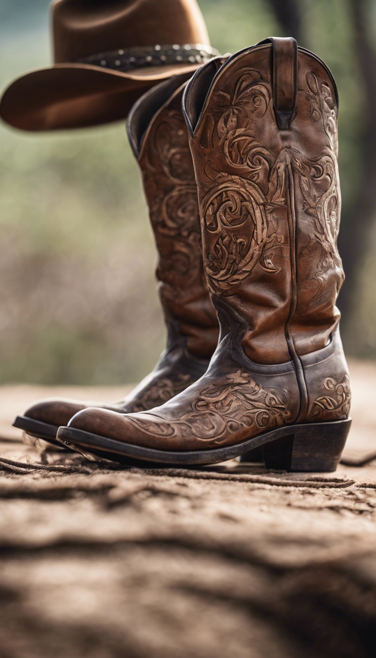 A traditional cowboy boot with intricate designs, placed next to a weathered lasso and a Stetson hat. Tapeta[401aa99658774704a2fb]