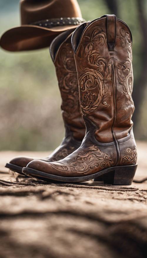A traditional cowboy boot with intricate designs, placed next to a weathered lasso and a Stetson hat. Tapeta [401aa99658774704a2fb]