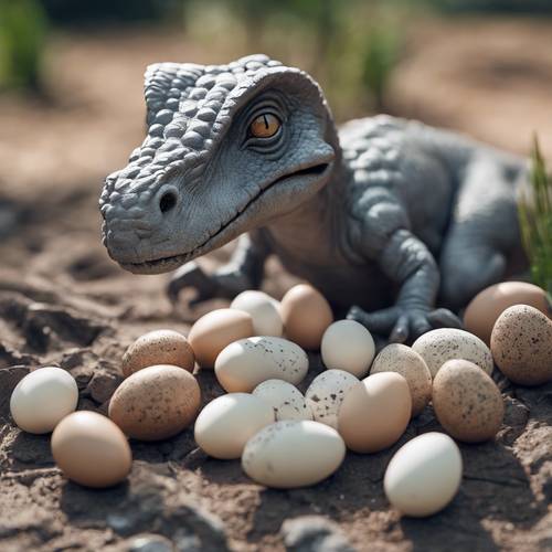 A concerned gray dinosaur watching over its eggs with maternal love.