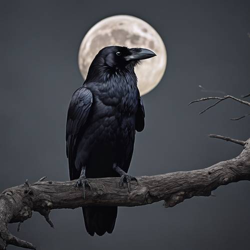 A raven perched on a bleak branch against a full moon in a starless, black sky.