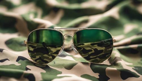 ลายพรางสีเขียวสะท้อนอยู่ในแว่นกันแดดทรงนักบินของทหาร