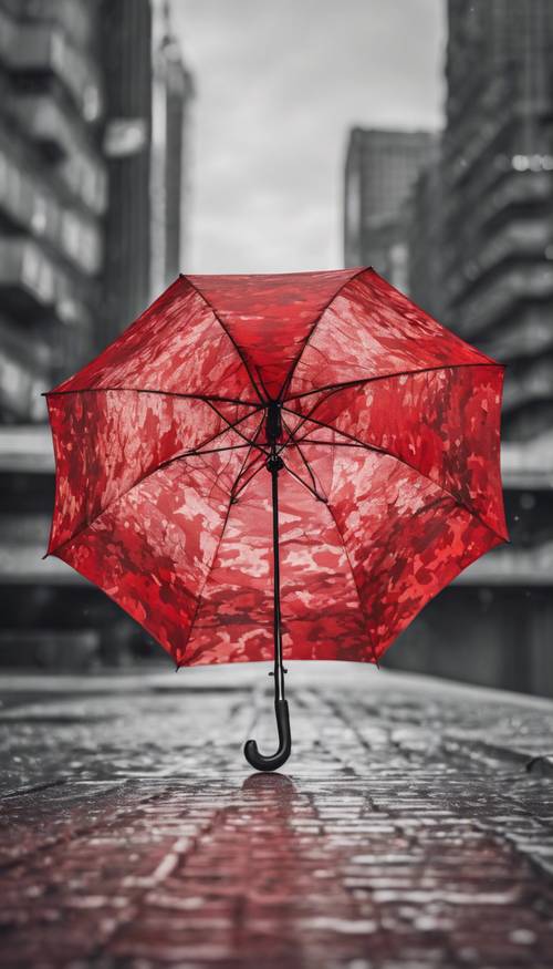 Un paraguas rojo con estampado de camuflaje abierto y contrastado con un paisaje urbano monocromático.